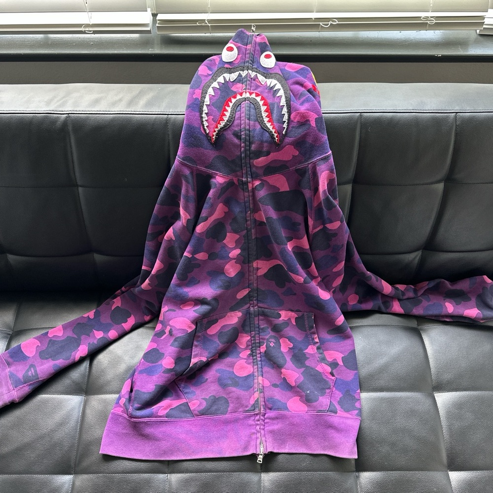 BAPE Shark Hoodie in purple and pink camo